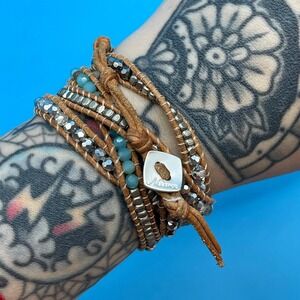 Nakamol Beaded Wrap Bracelet Women Brown Blue Silver Leather Boho Shimmer